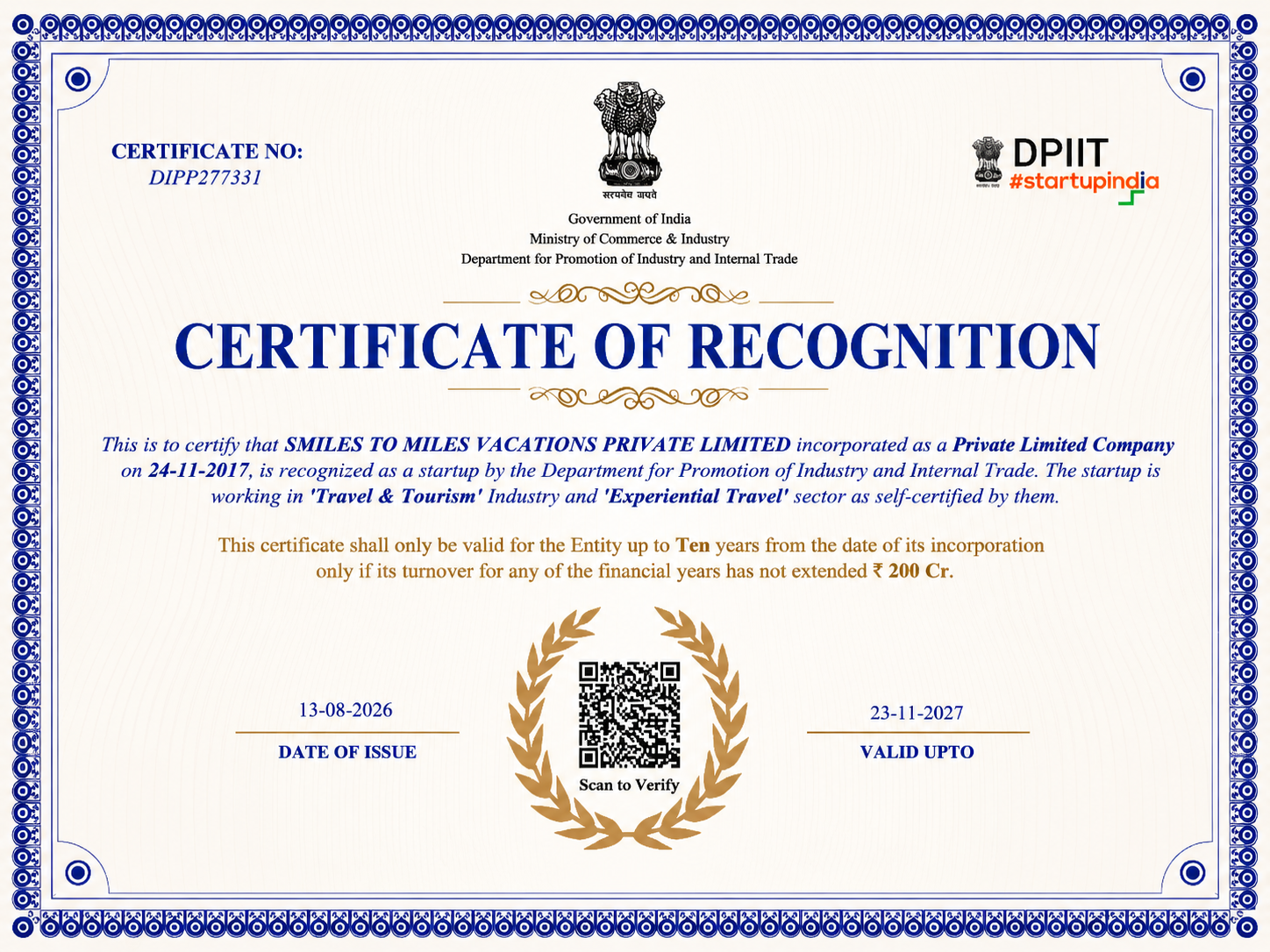 DPIIT / Startup India — Certificate of Recognition